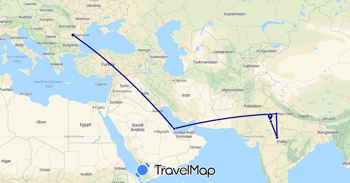 TravelMap itinerary: driving in India, Qatar, Romania (Asia, Europe)